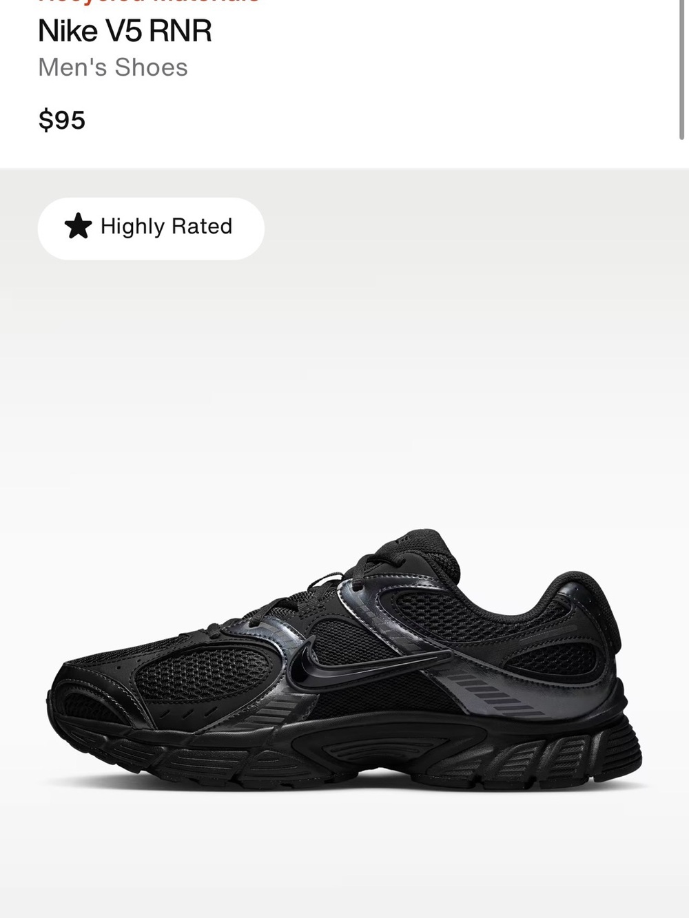 all-black Nike V5 RNR men's sneaker Nike Black Trainer with Subtle Patent Accent